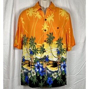 Aloha Hut Hawaian Shirt Size Medium Parrots Hybiscus Diamond Head Sunrise